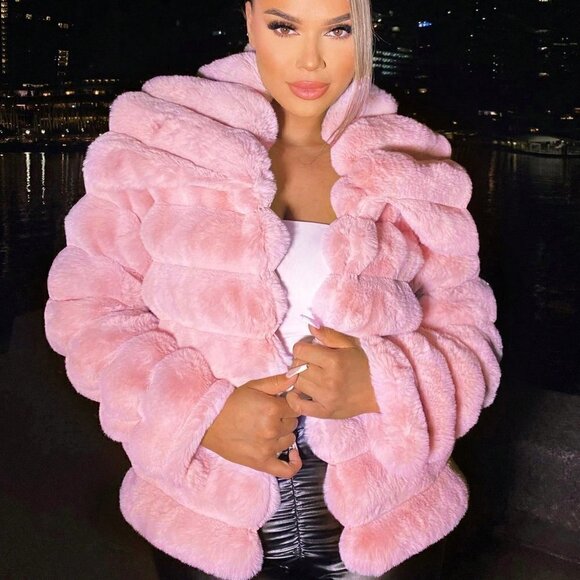 Dusty Pink Preppy Womens Open Front Fuzzy Jacket - Picture 3 of 5